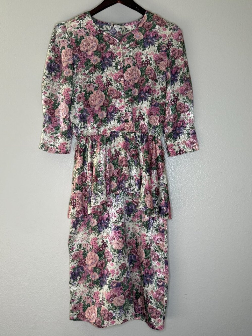 PRICE FIRM Vintage Floral Dress 80s Pellini Pastel Elastic Peplum Dress M/L - Picture 2 of 11
